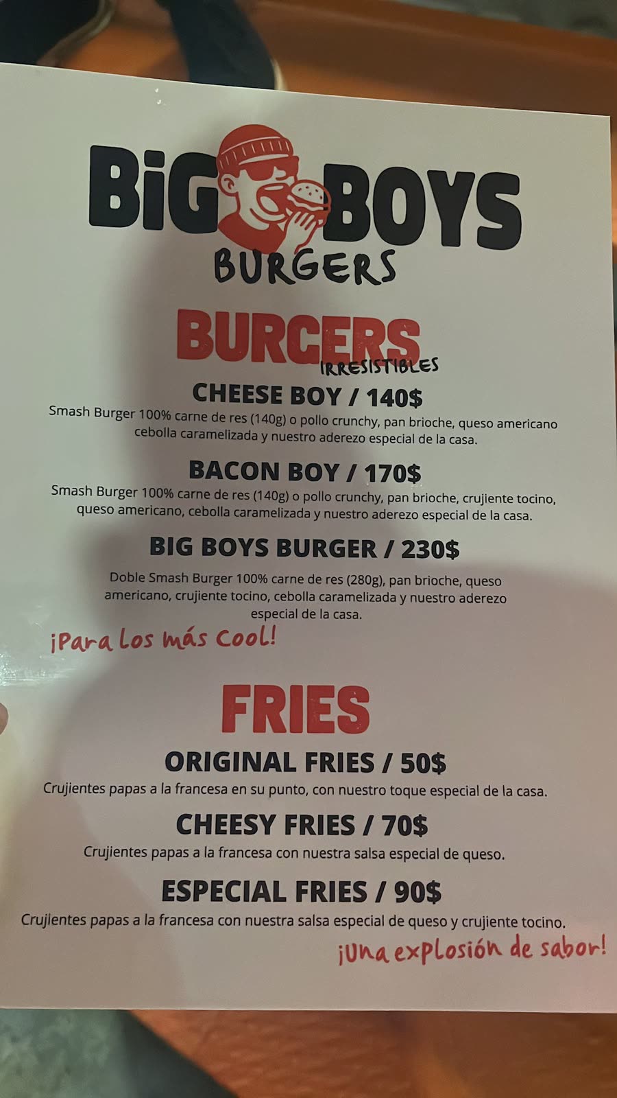 Carta de hamburguesas de Big Boys Burgers, CDMX