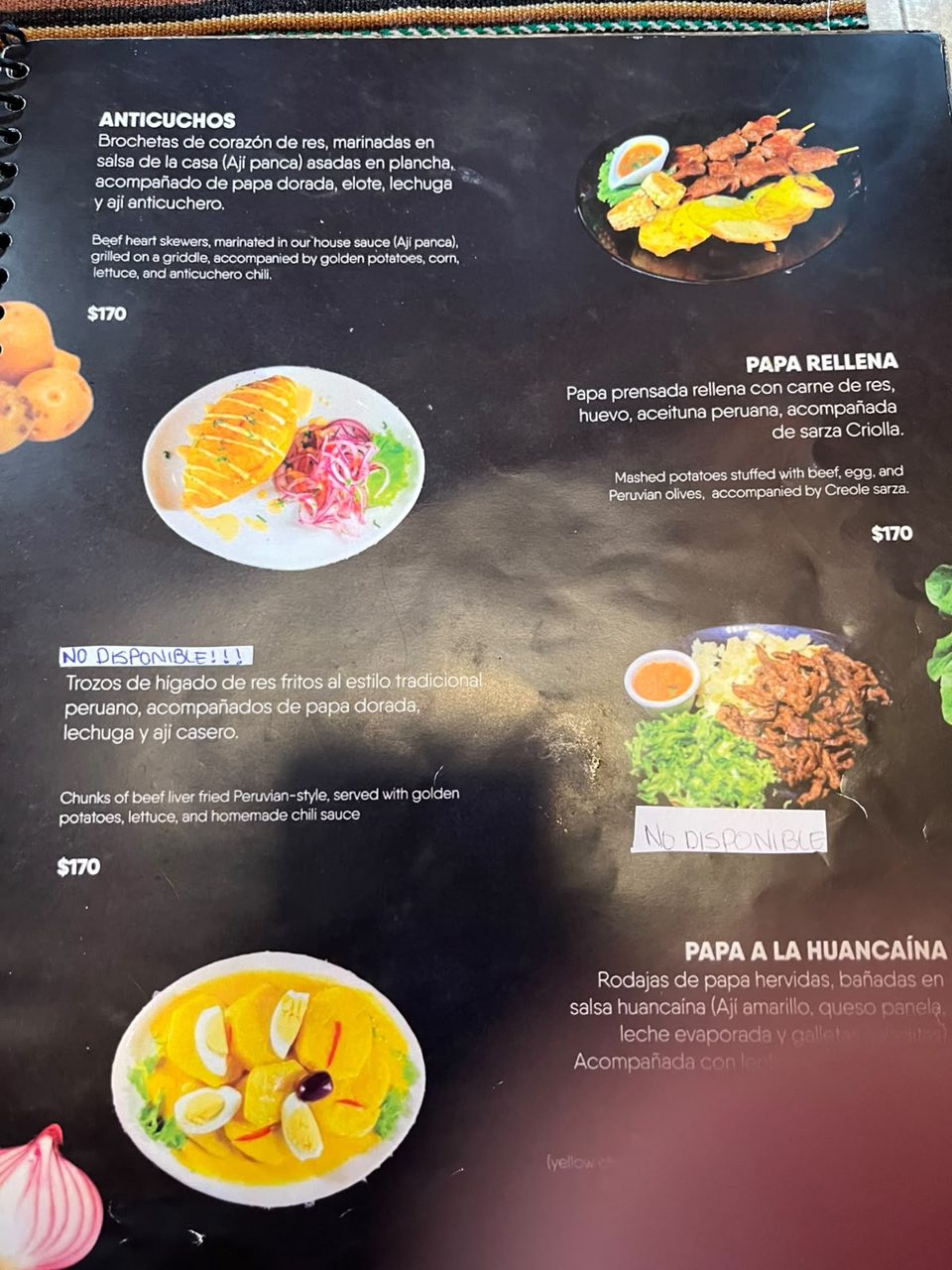Carta de Pachamama con anticuchos, papa rellena y papa a la huancaína con precios