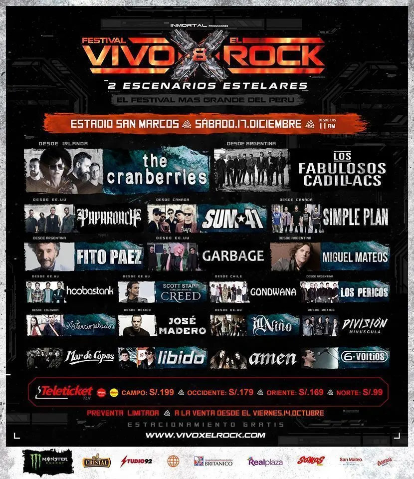 Flyer del Vivo x el Rock 8 en Lima 2016, con Garbage en el cartel