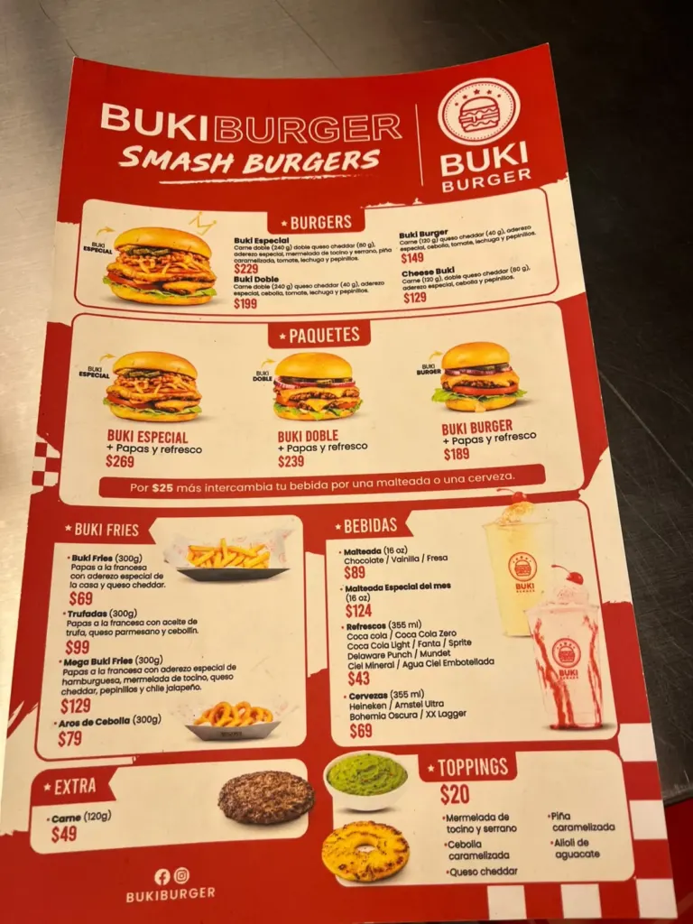 Carta roja de Buki Burger Smash Burgers con precios de hamburguesas, paquetes, Buki Fries, bebidas, extras y toppings
