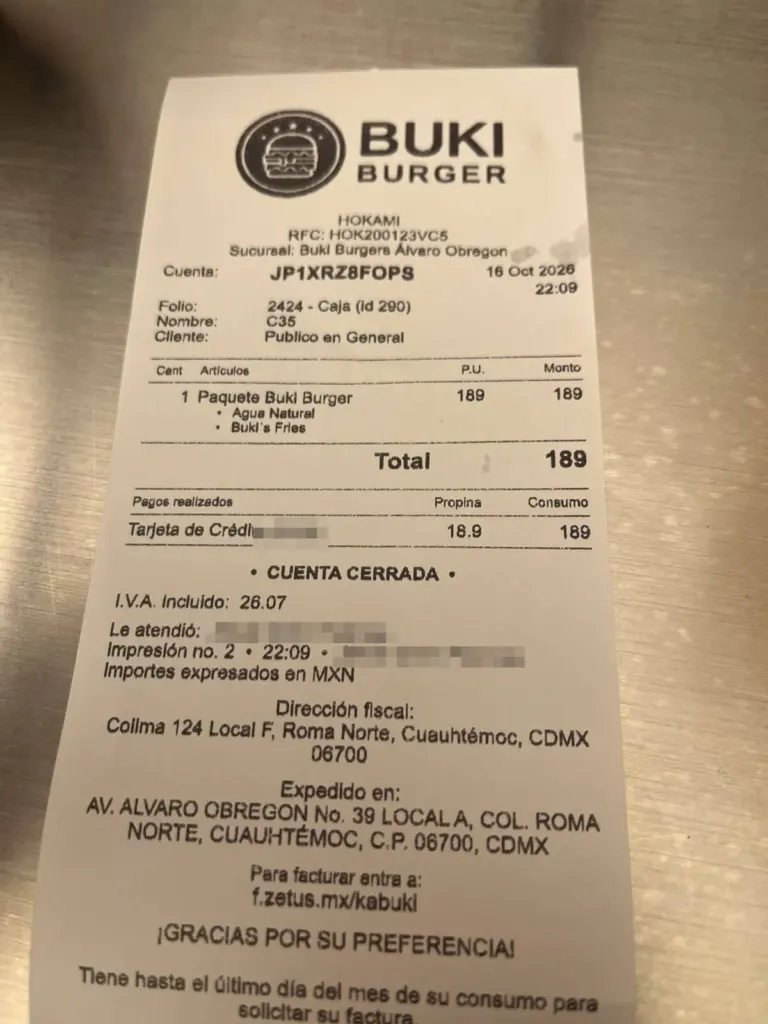 Ticket de Buki Burger sucursal Álvaro Obregón del 16 de octubre de 2026 por un Paquete Buki Burger de 189 pesos con agua natural y papas