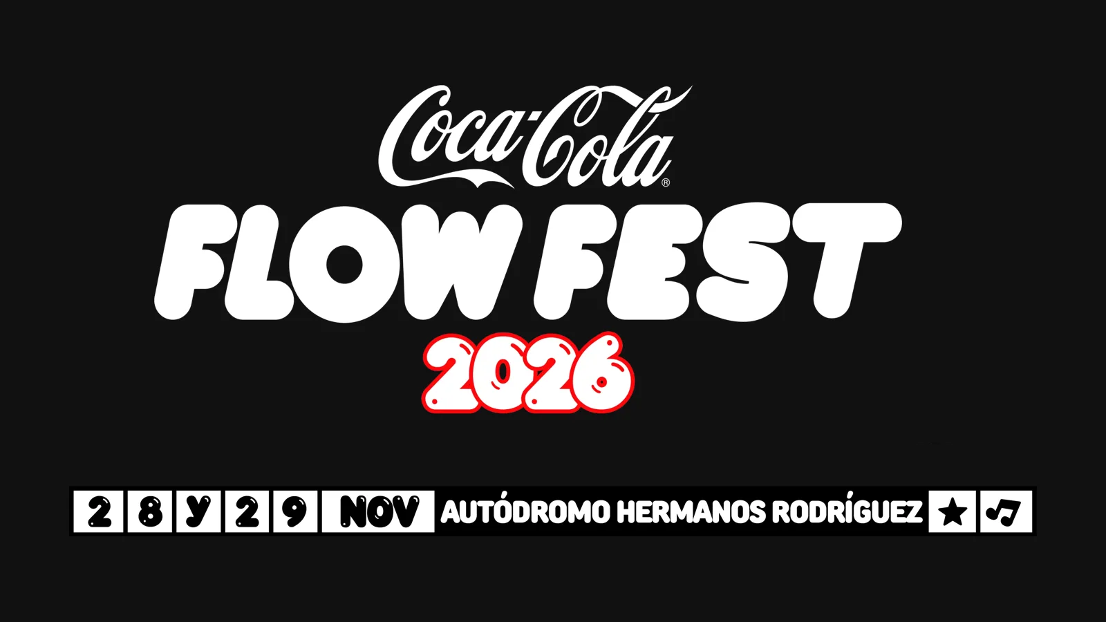 Logo del Coca-Cola Flow Fest 2026 con la franja oficial: 28 y 29 de noviembre, Autódromo Hermanos Rodríguez