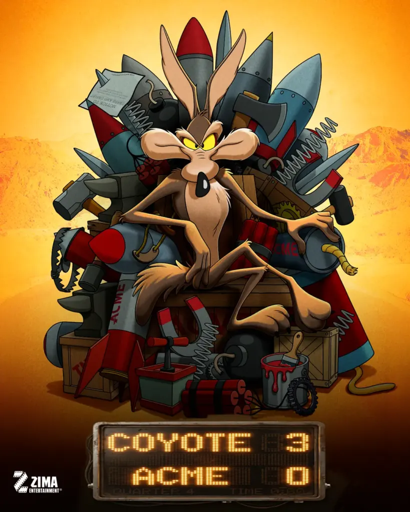 Póster de Coyote vs. ACME: Wile E. Coyote sentado en un trono hecho de cohetes, yunques, dinamita y cajas ACME, con un marcador que dice Coyote 3, ACME 0