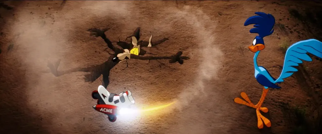 Escena animada de Coyote vs. ACME: Wile E. Coyote aplastado en el suelo del desierto tras un choque mientras el Correcaminos lo mira