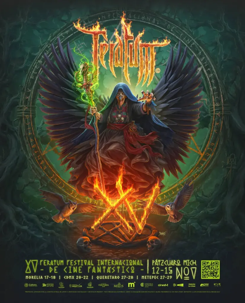Cartel oficial de la XV edición del Feratum Film Fest 2026: ilustración de una figura encapuchada estilo bruja purépecha rodeada de fuego, búhos y alas negras sobre fondo verde, con las fechas de las sedes