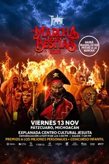 Cartel de La Marcha de las Bestias 2026 del Feratum Film Fest: figuras disfrazadas de criaturas entre fuego y antorchas, con la fecha viernes 13 de noviembre en Pátzcuaro