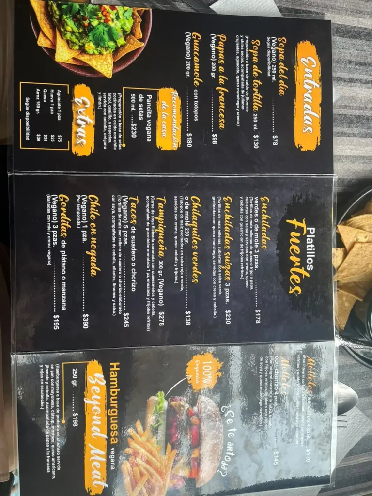 Carta vegana de Terra Nostra con precios de tacos de suadero, tampiquena y chile en nogada