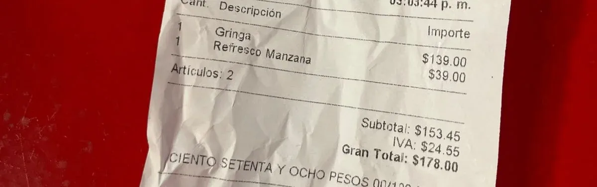 Ticket de Taquería Orinoco Roma Norte del 20 de octubre de 2026: gringa $139, refresco de manzana $39, total $178