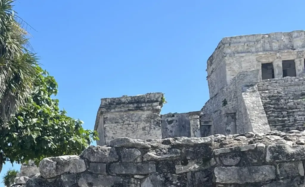 El Castillo de la zona arqueológica de Tulum junto a una palmera, bajo cielo azul